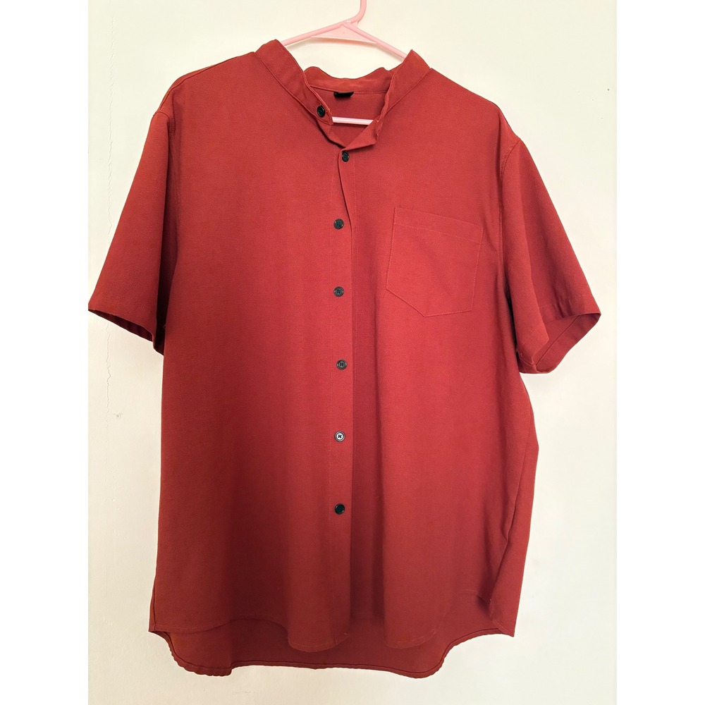 Shein Womens 1XL Rust Red Mandarin Collar Short Sleeve Button Up Shirt Pocket